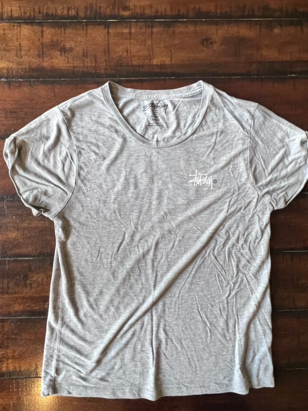 Stussy Gray Logo Graphic T Shirt Womens Large Double Sided